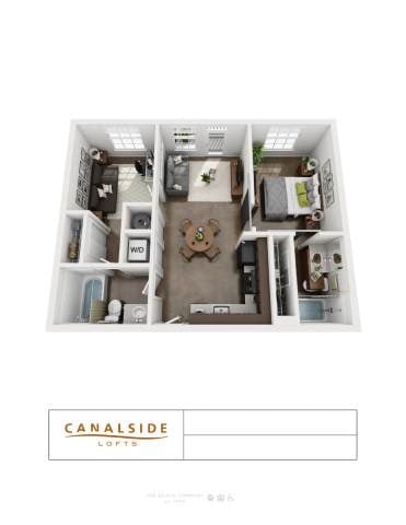 Floor plan for 1 bed, 2 baths, 768 sqft